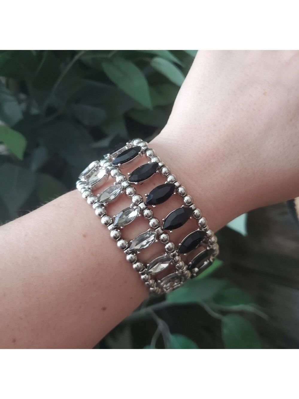 Heavy Stretch Black and Silver Gem Stone Bracelet Large